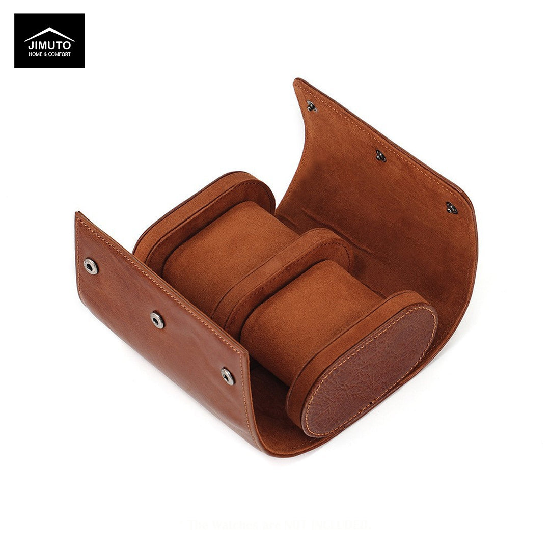 Brown leather watch case with three compartments on a white background, featuring the JIMUTO brand.