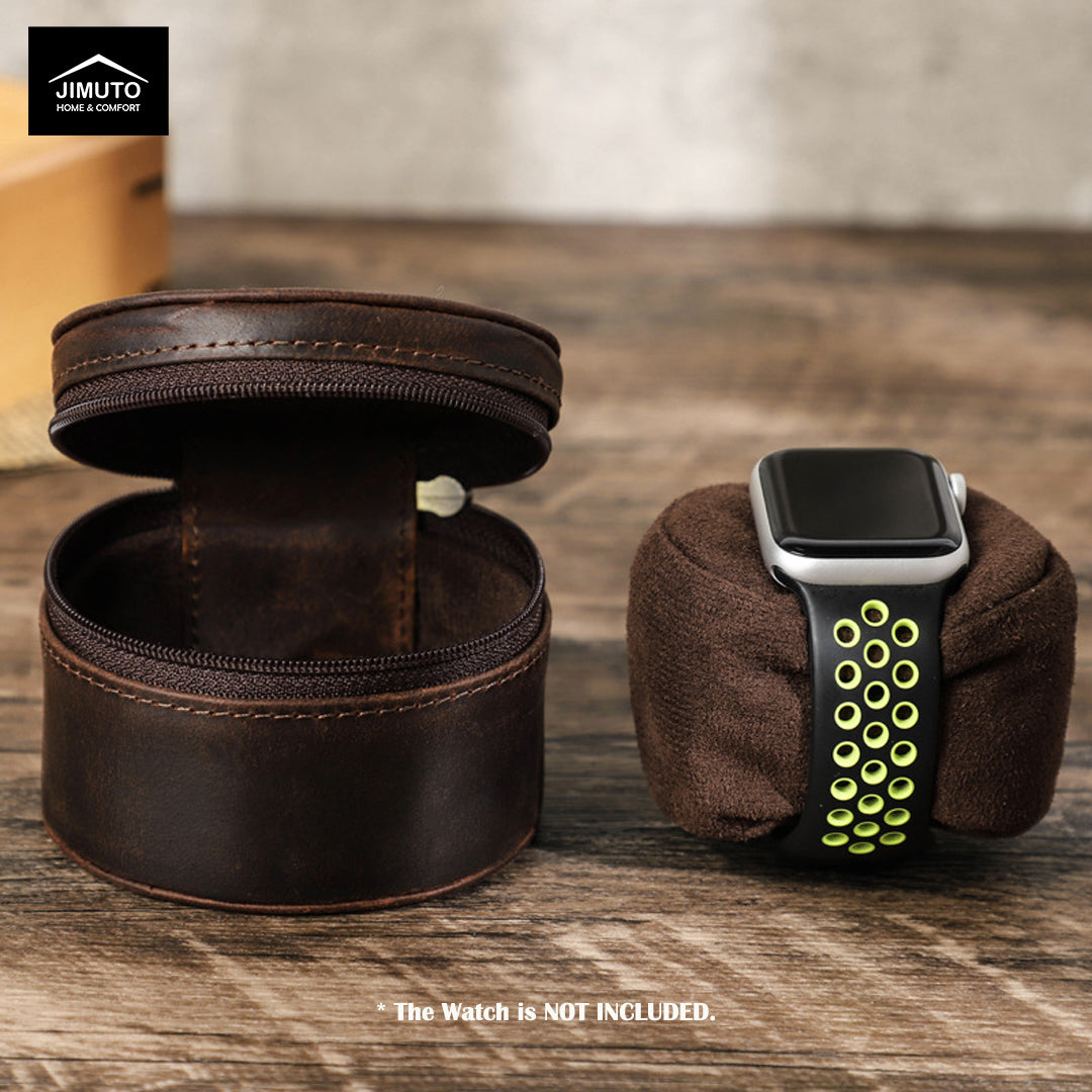 Brown leather watch case with a smartwatch on a wooden surface, featuring the JIMUTO brand.