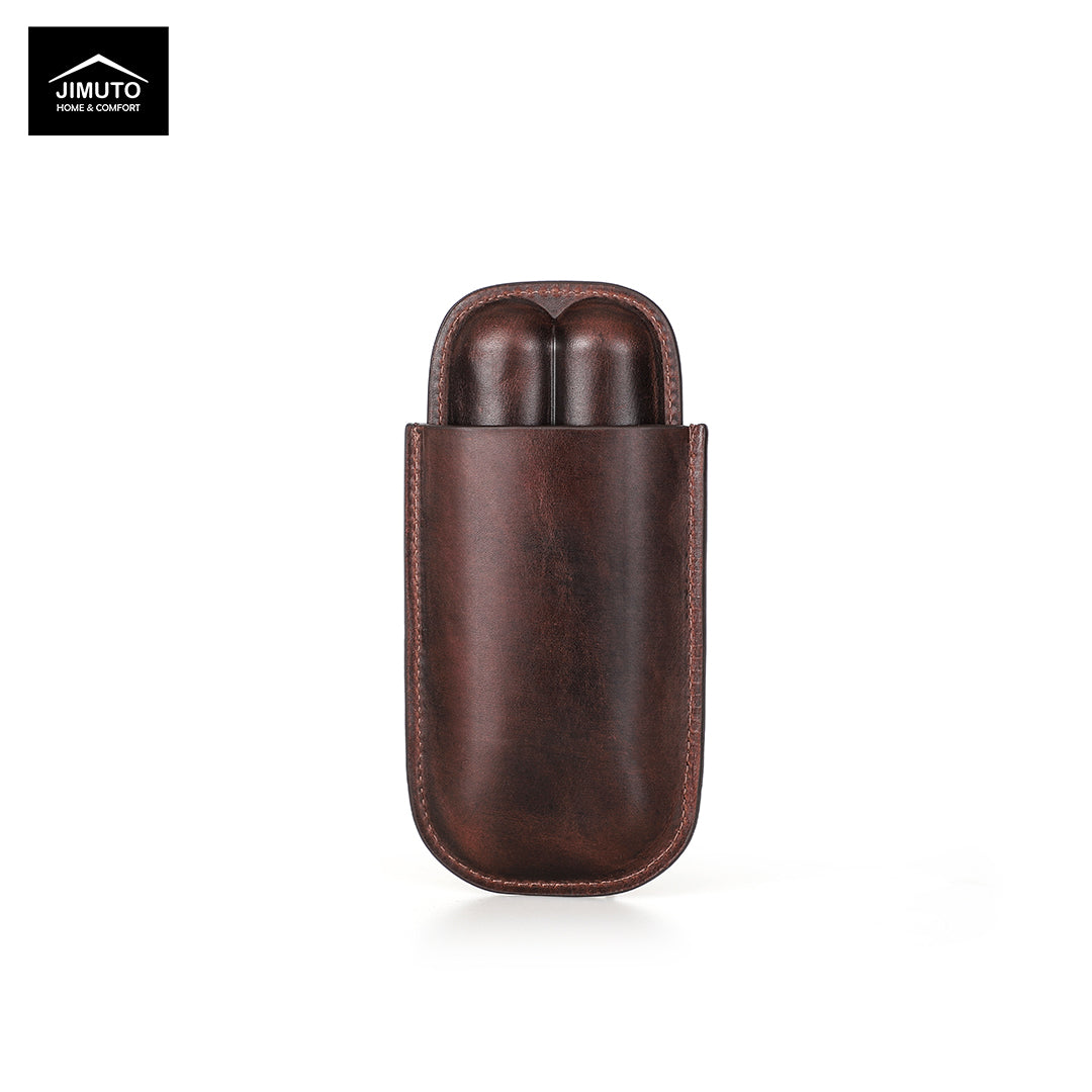 2-slot Brown leather cigar case with two cylindrical items inside on a white background, featuring the JIMUTO brand.