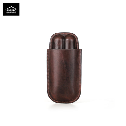 2-slot Brown leather cigar case with two cylindrical items inside on a white background, featuring the JIMUTO brand.