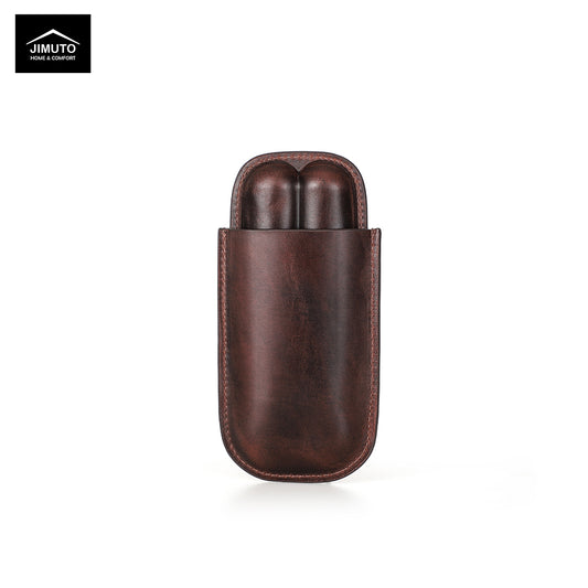 2-slot Brown leather cigar case with two cylindrical items inside on a white background, featuring the JIMUTO brand.