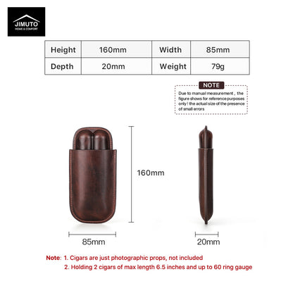 Brown leather cigar case with dimensions and product details on a white background