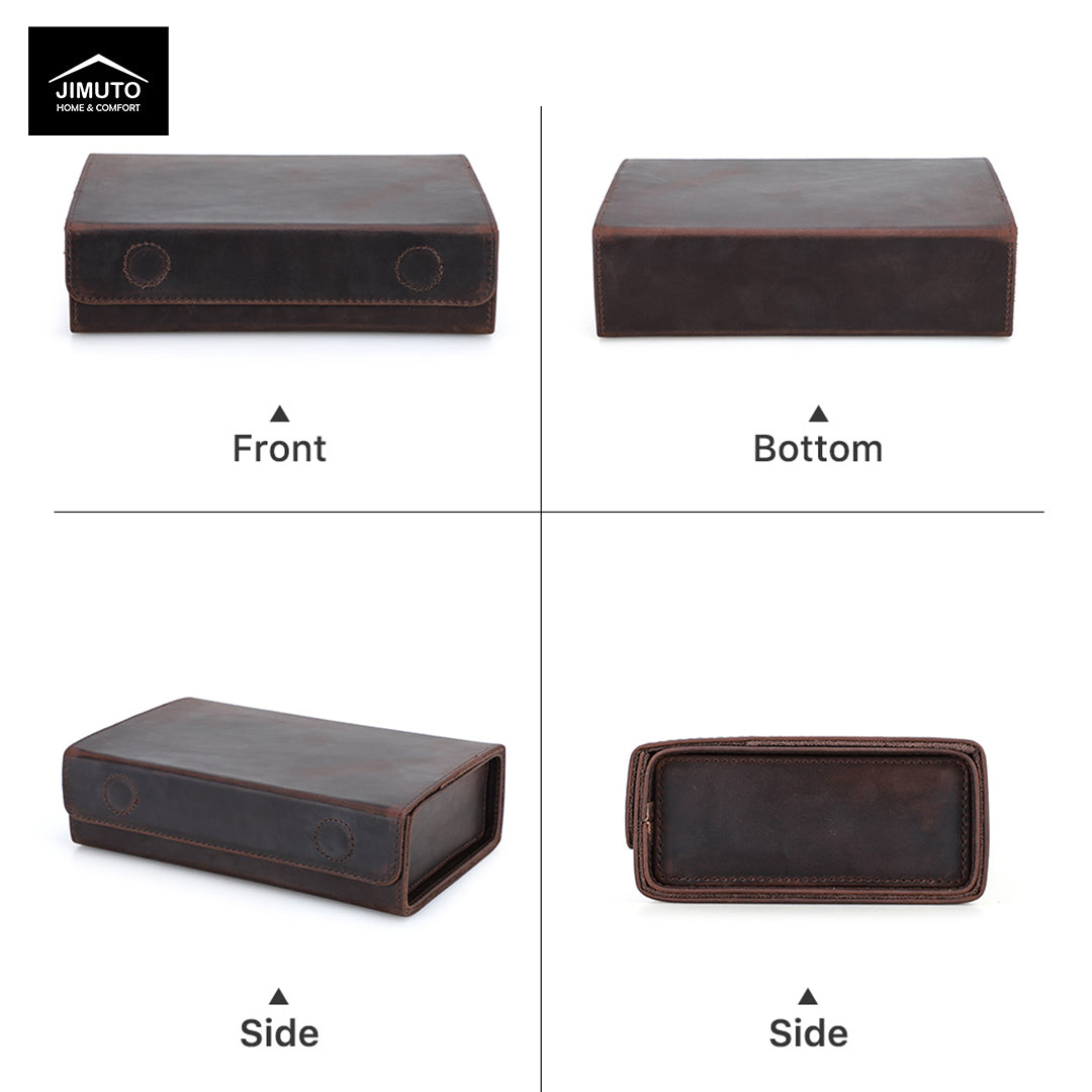 Brown leather sunglasses box viewed from front, bottom, side, and another side on a white background.