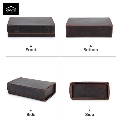 Brown leather sunglasses box viewed from front, bottom, side, and another side on a white background.