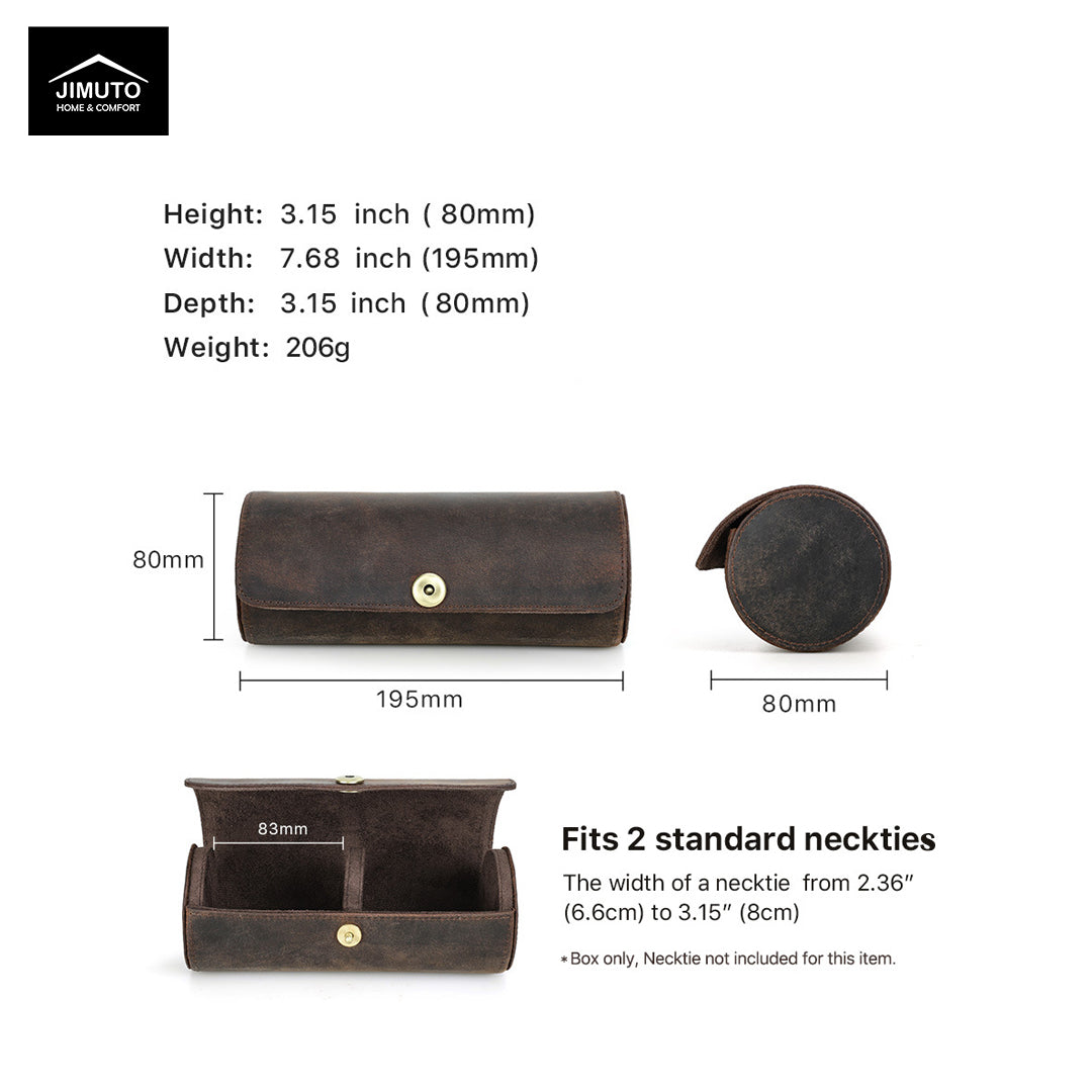 Brown leather necklace box with dimensions and product details on a white background