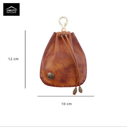 Brown leather drawstring bag with measurements on a white background