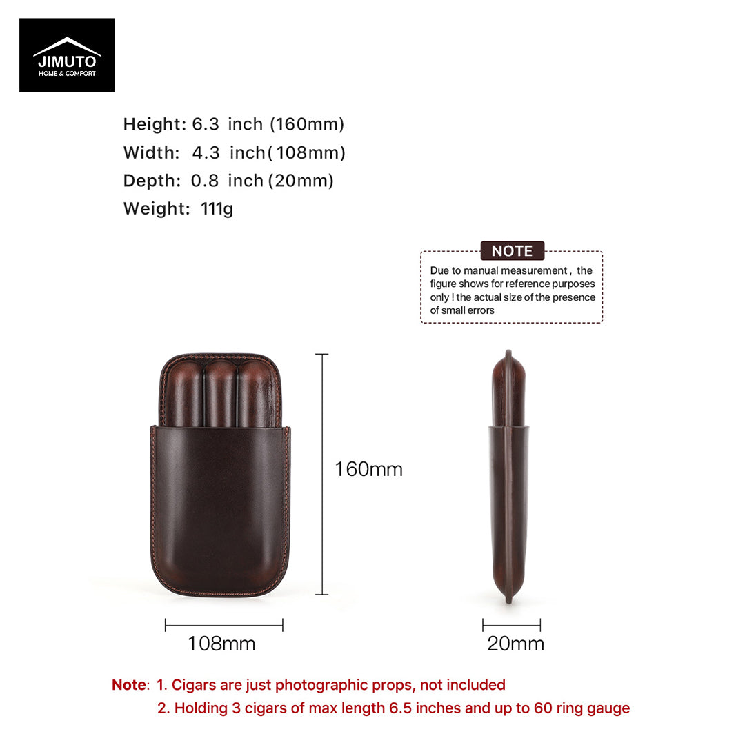 Measurement chart for a brown leather cigar case with dimensions and weight details.