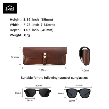 Brown leather sunglasses case with dimensions and compatibility details on a white background