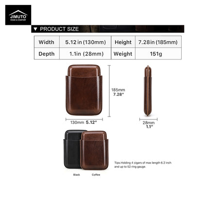 Product size chart and dimensions of a brown leather cigar case with a black background.