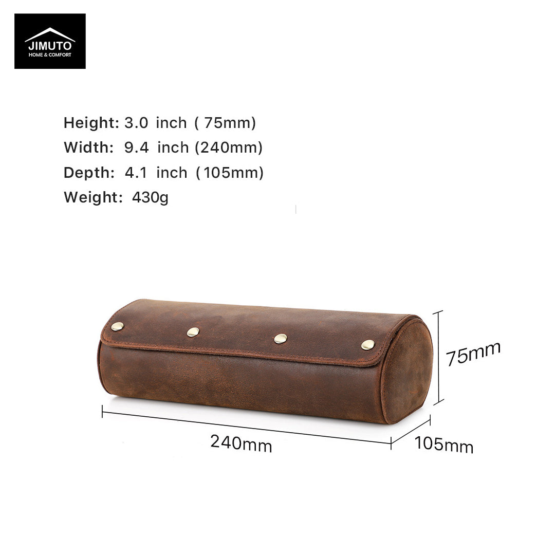 Brown leather cylindrical pouch with dimensions and weight details on a white background