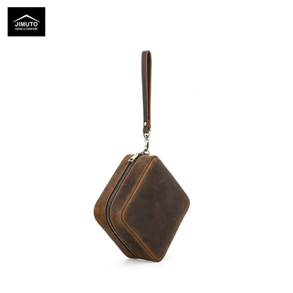 Brown leather CD/DVD pouch with a zipper on a white background, featuring the JIMUTO brand.