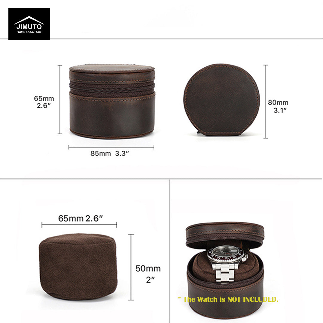 Brown watch box with dimensions and JIMUTO branding