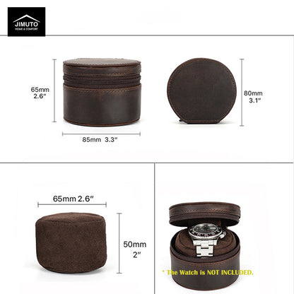 Brown watch box with dimensions and JIMUTO branding