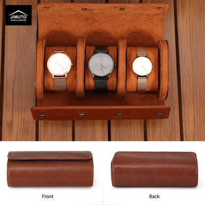 Brown leather watch case with three watches on a wooden background, featuring the JIMUTO brand.