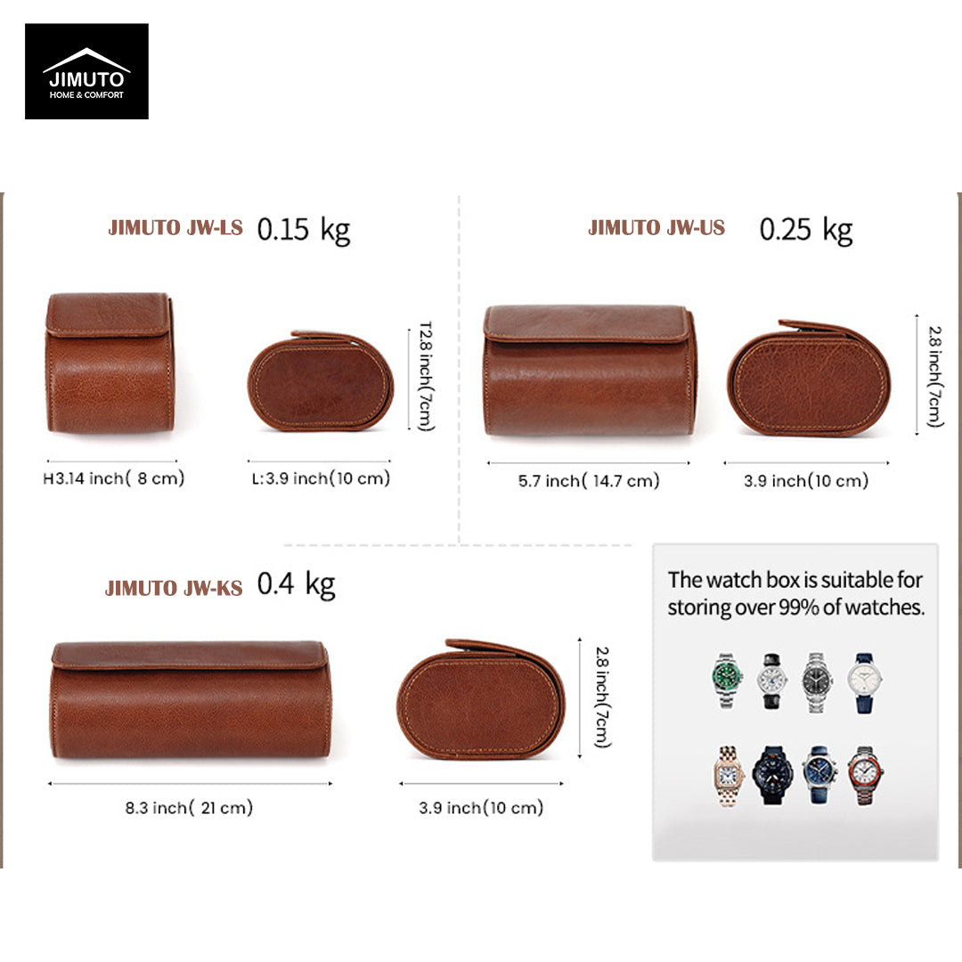 Three sizes of brown watch boxes with dimensions and weight labels, featuring the Jimuto brand.