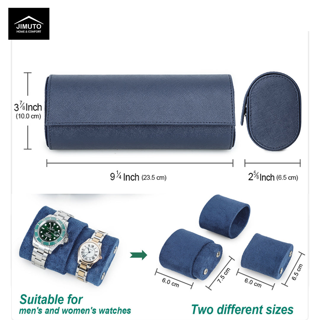 Blue watch case with dimensions and compatibility details on a white background