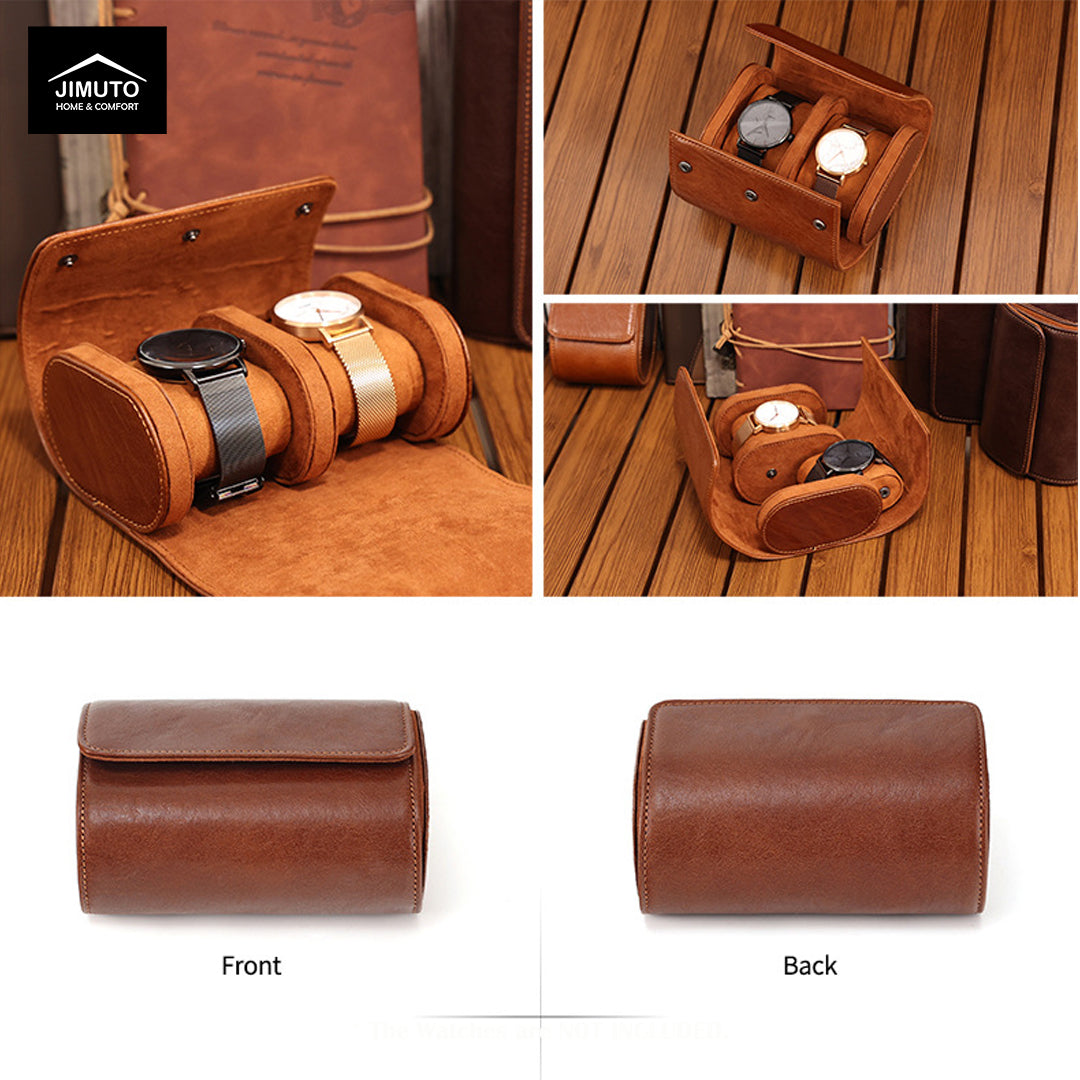 Brown leather watch case with multiple watches on a wooden surface, showing front and back views.