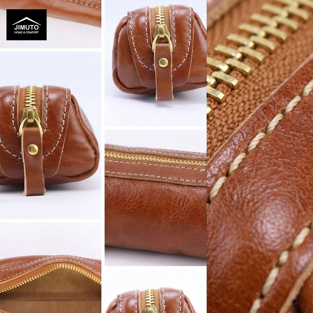 A collage of close-up product photos showing a brown leather zip pen pouch or wallet with gold-tone hardware, stitching, and interior lining. The top-left panel includes a Jimuto logo, and the collage highlights the exterior, zipper detail, stitching, and interior opening.