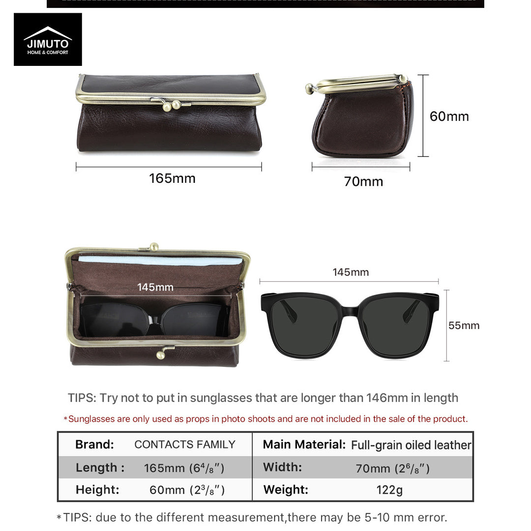 Measurement chart of a sunglasses case with dimensions and product details.