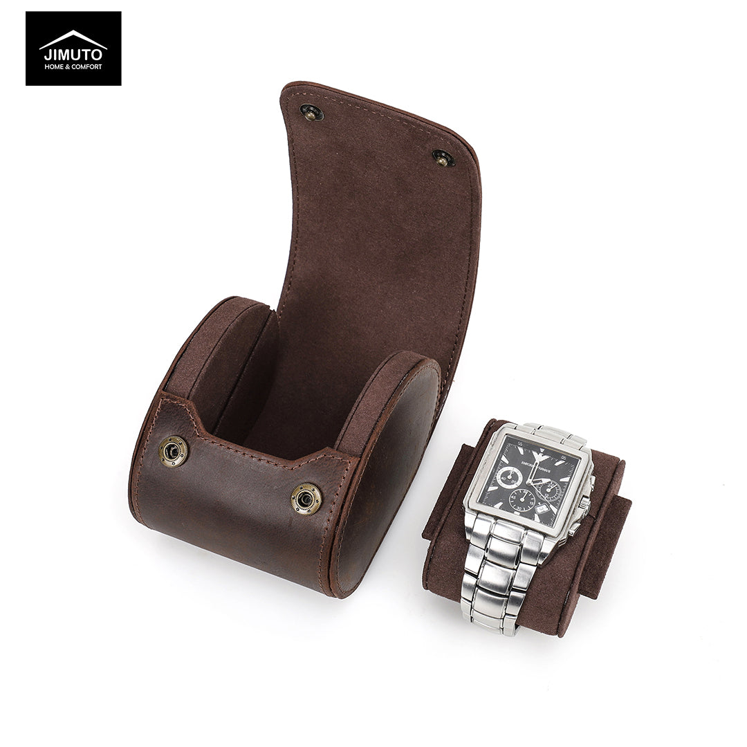 Brown leather watch holder with a silver watch on a white background, featuring the JIMUTO brand.