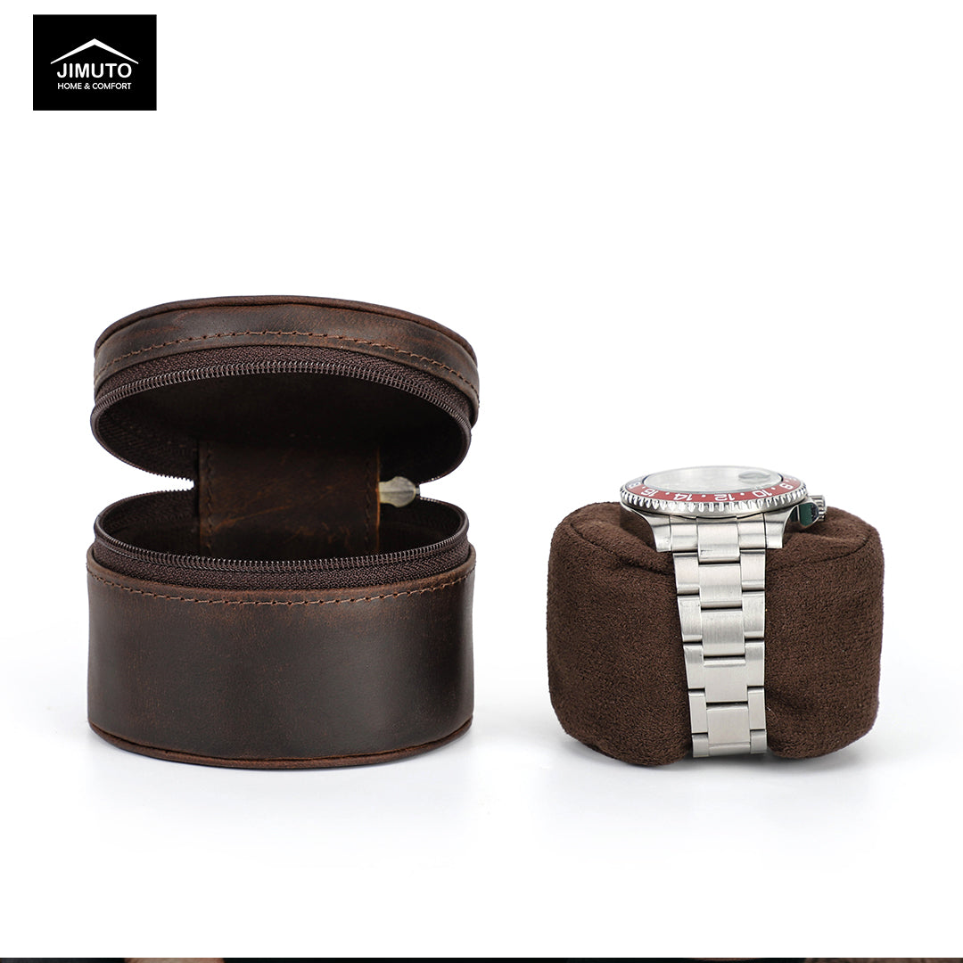 Brown leather watch case with a watch inside on a white background, featuring the JIMUTO brand.