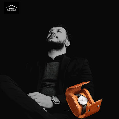 Man holding a watch with an open brown leather watch case on a black background, featuring the JIMUTO brand.