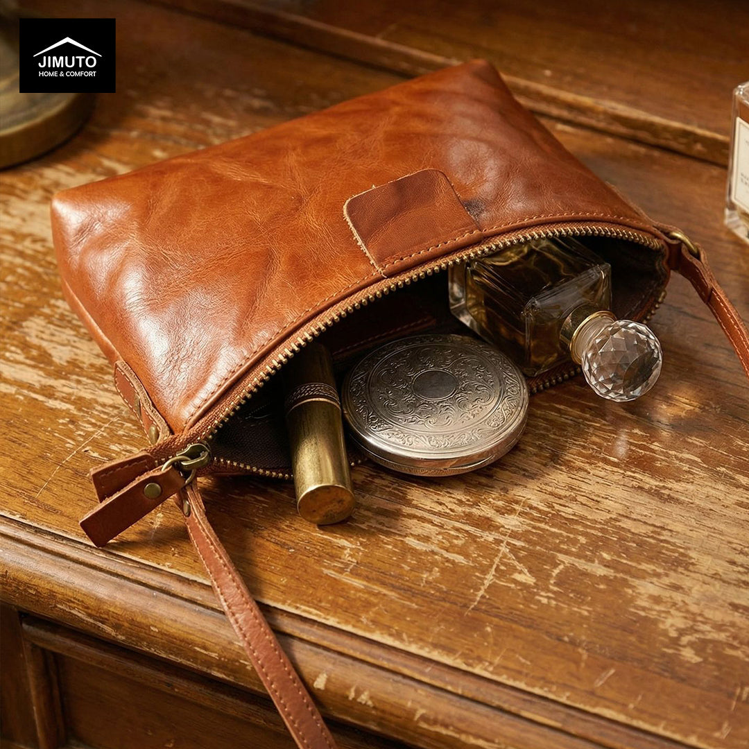 an open a Brown leather crossbody bag with lipstick and makeup goods 