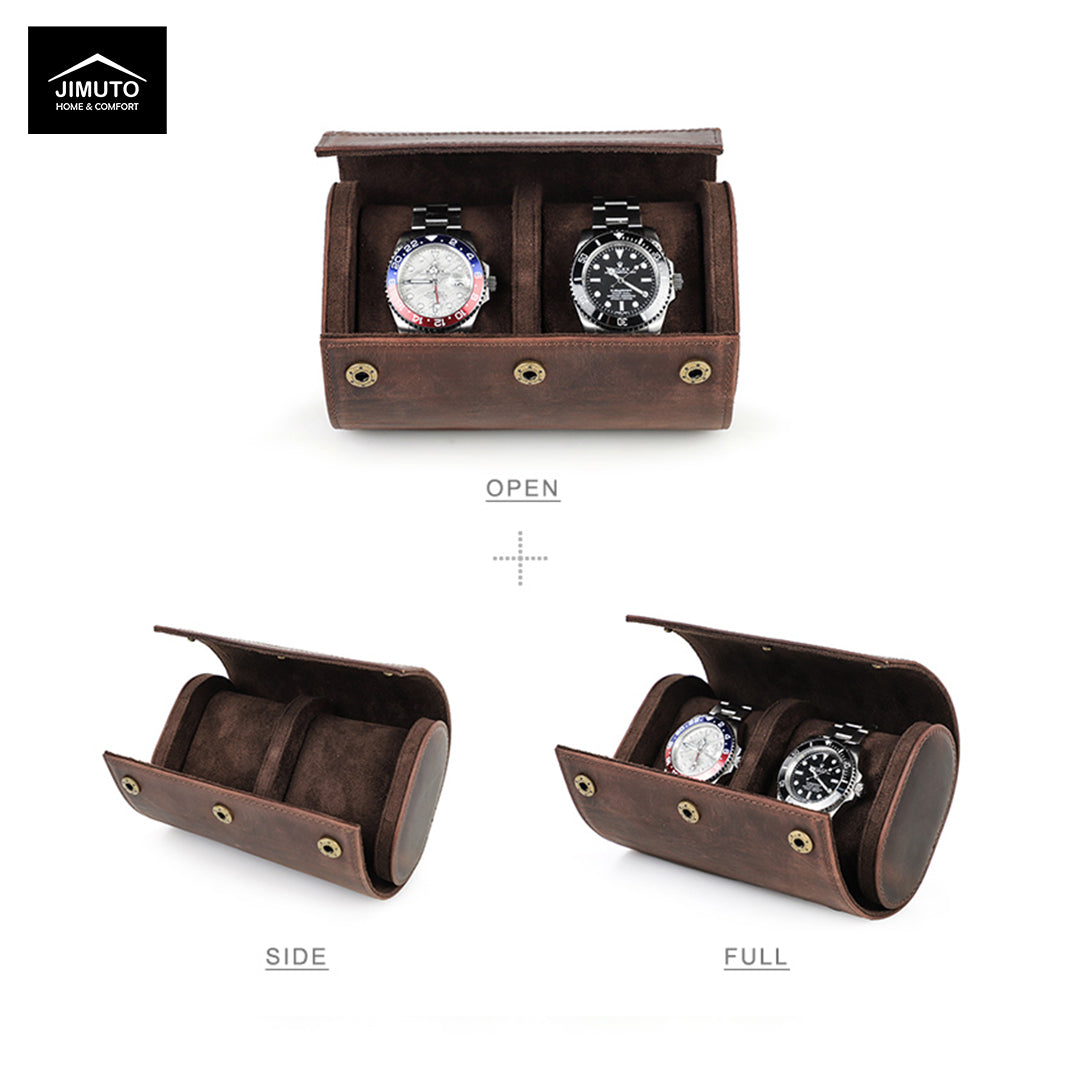 Brown leather watch box with two watches, shown open and full on a white background.