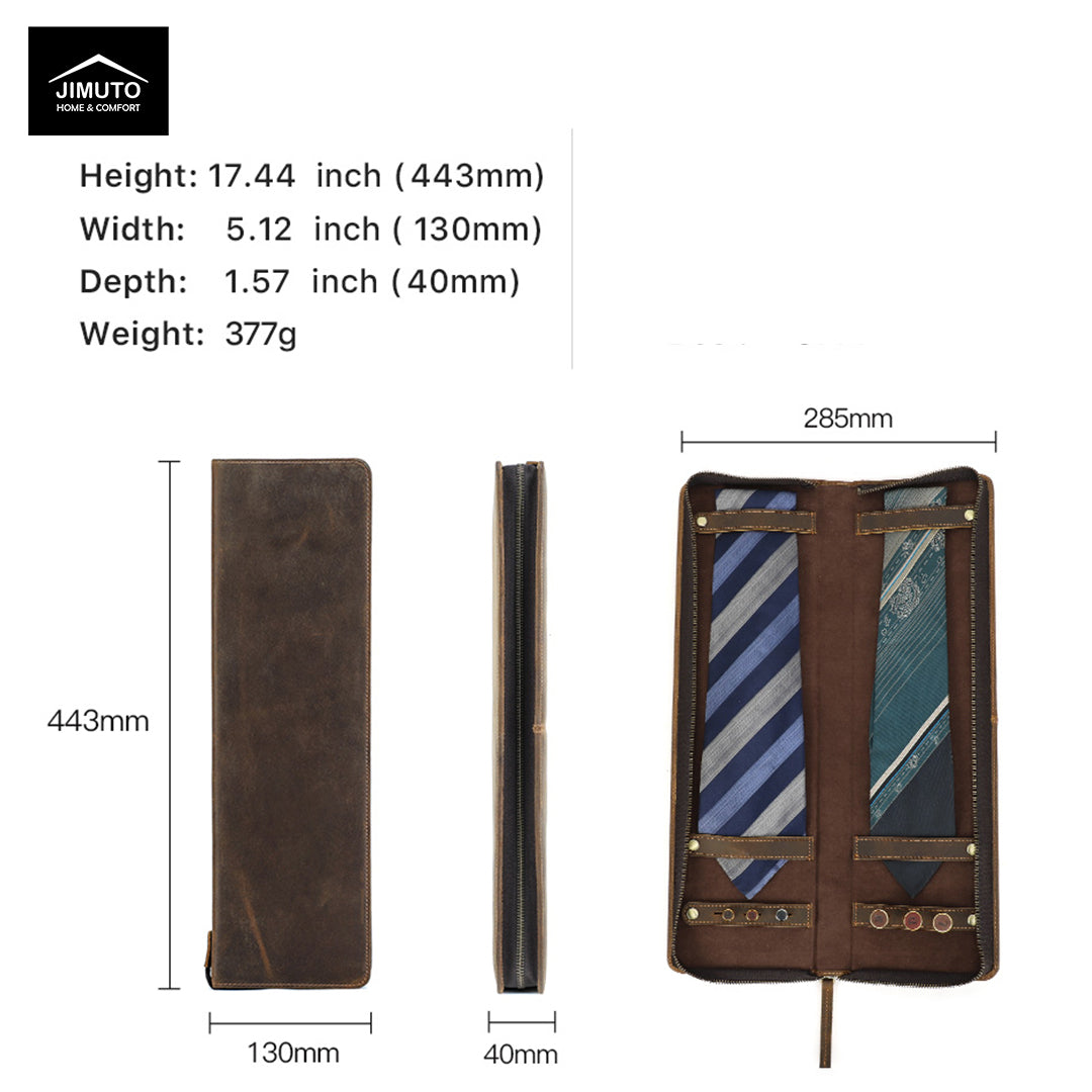 Brown leather tie holder with dimensions and JIMUTO branding
