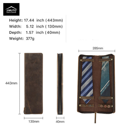 Brown leather tie holder with dimensions and JIMUTO branding