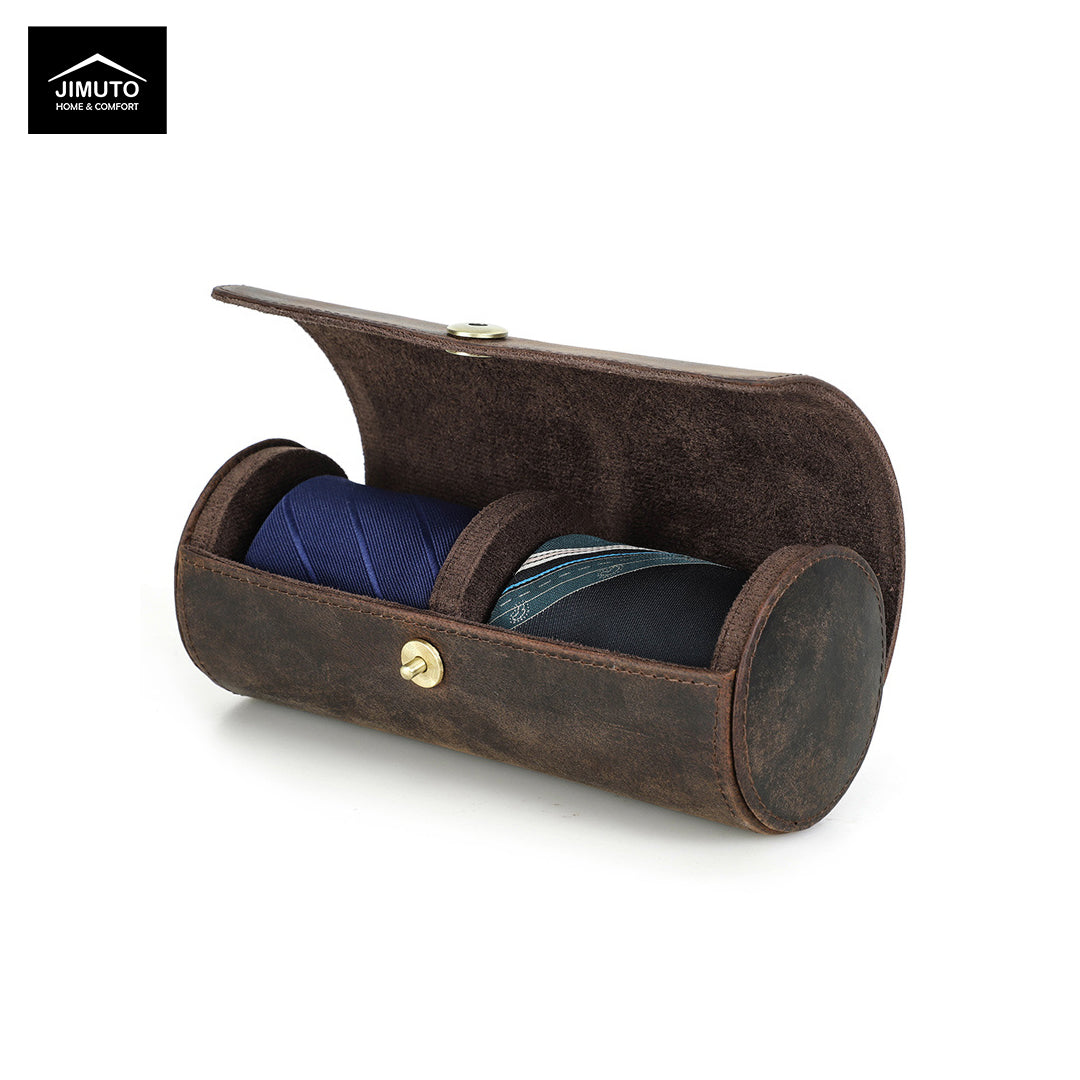Brown leather tie case with blue fabric inside on a white background, featuring the Jimuto brand.