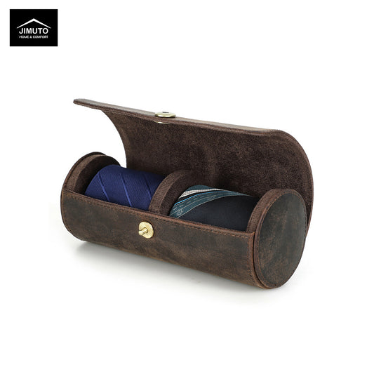 Brown leather tie case with blue fabric inside on a white background, featuring the Jimuto brand.