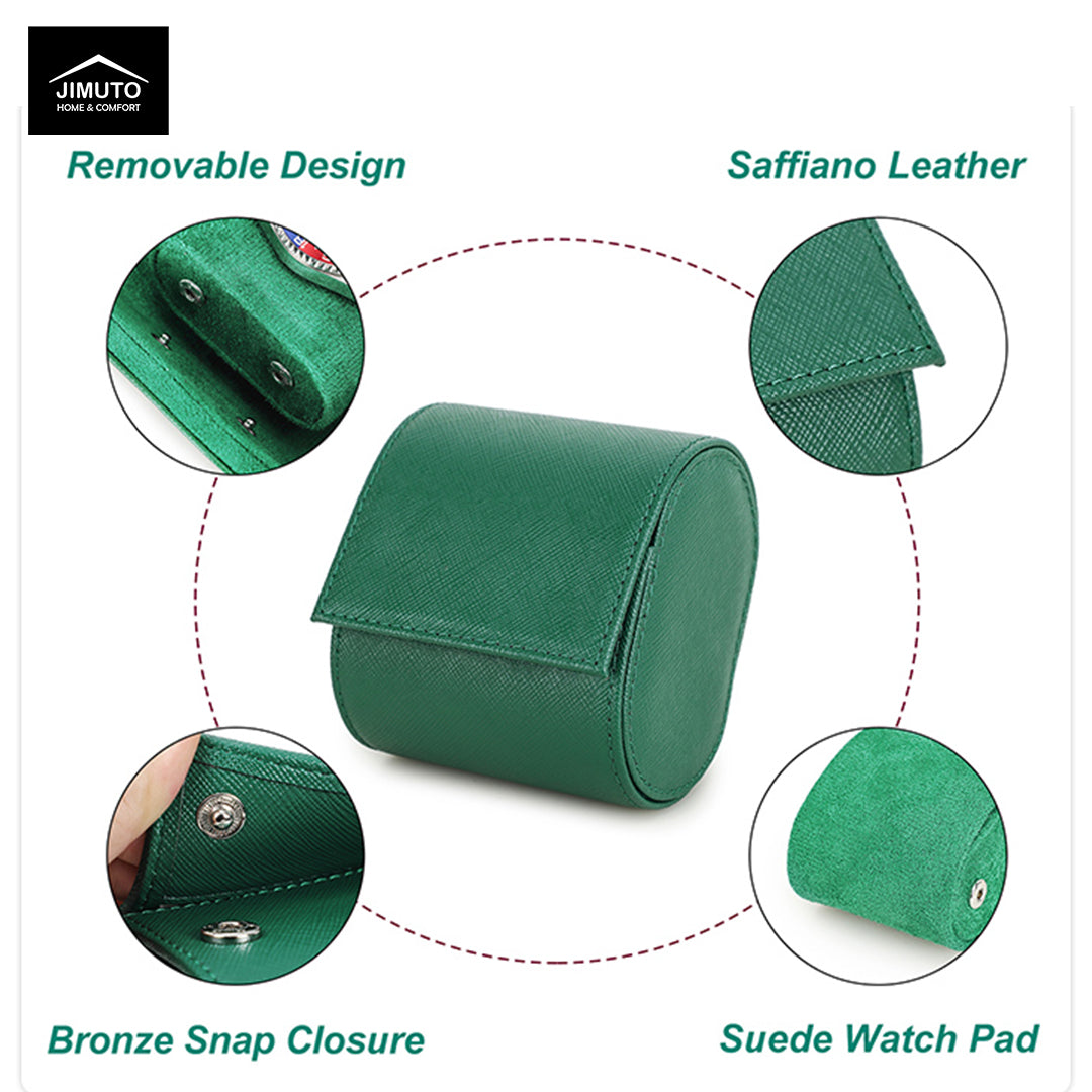 Green leather watch box with details on removable design, saffiano leather, bronze snap closure, and suede watch pad.