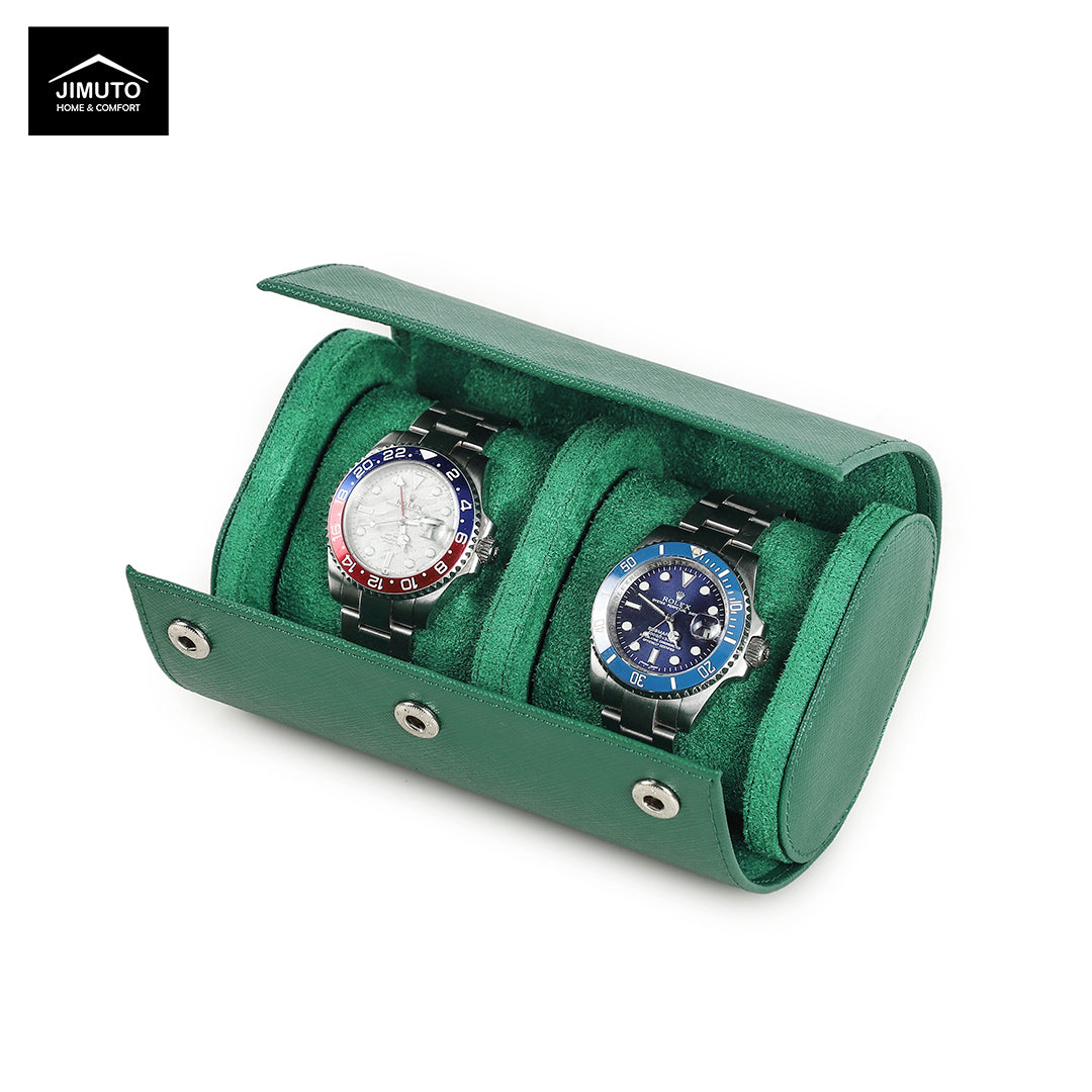 Two watches in a green watch display case with JIMUTO branding.