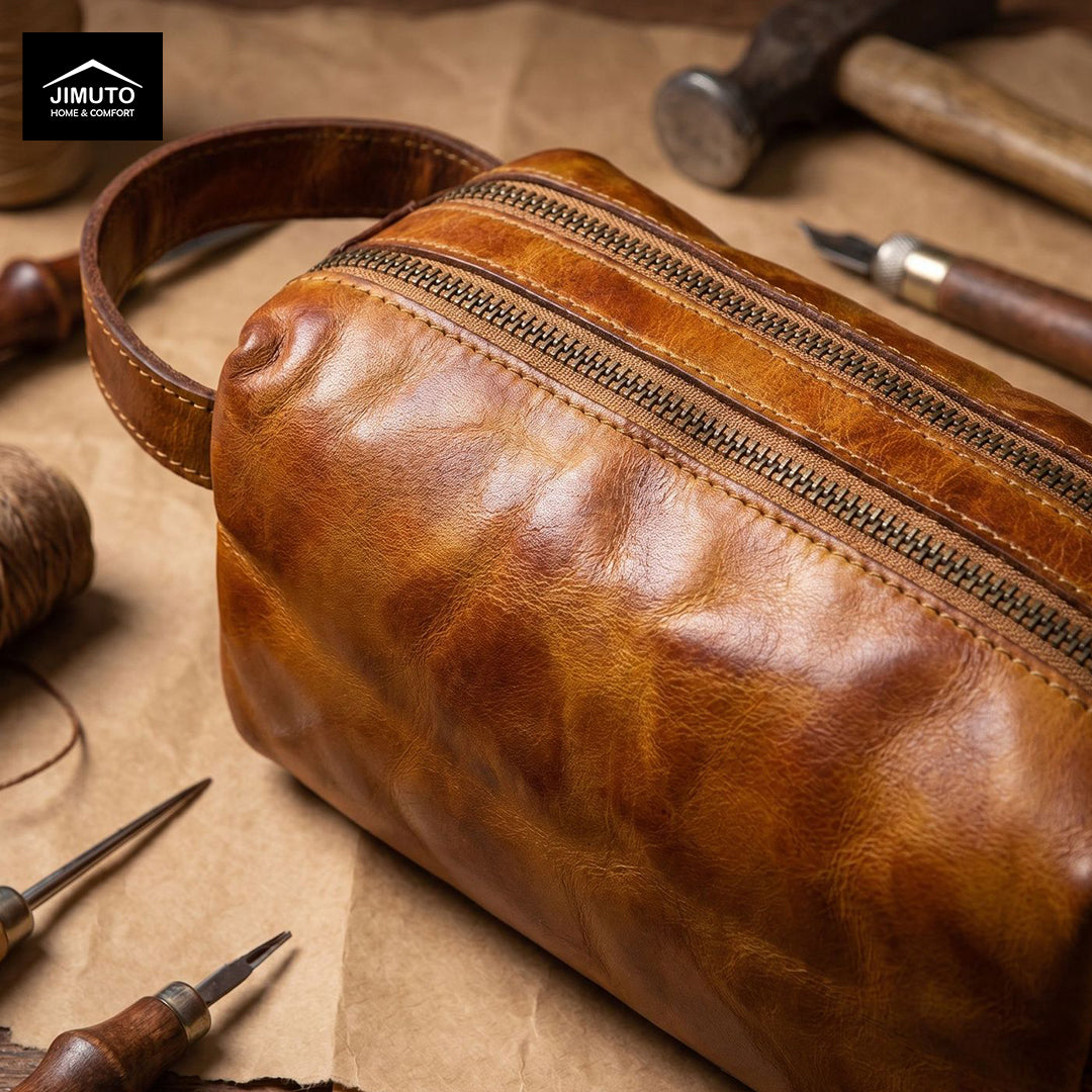 Brown leather cosmetic bag with tools on a textured surface, featuring JIMUTO branding.