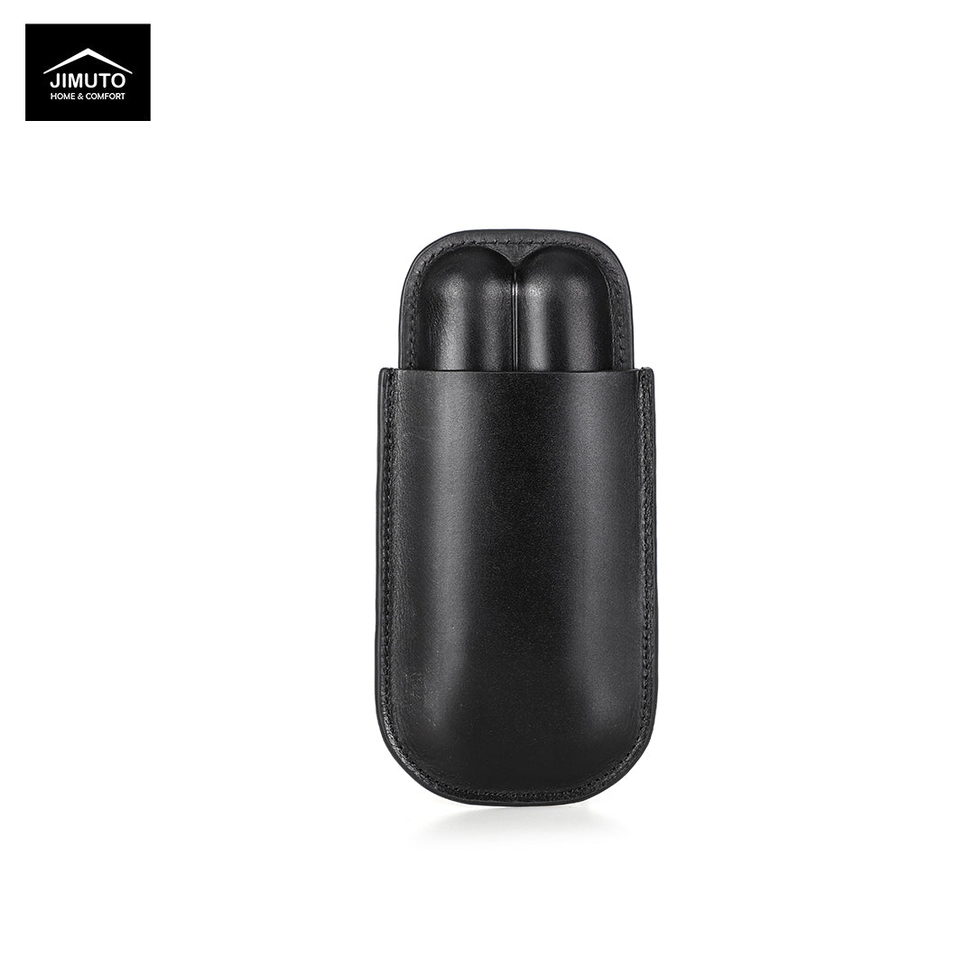 Black leather cigar case on a white background, featuring the JIMUTO brand.