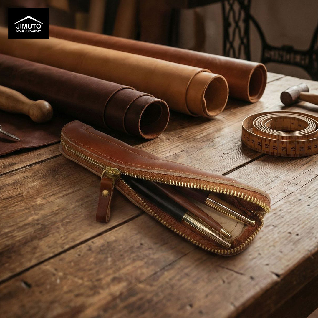 Brown leather pen pouch with gold zipper on a wooden surface, surrounded by leather rolls and tools.