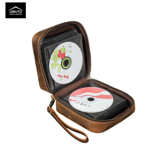 Brown leather CD case with two CDs inside on a white background, featuring the JIMUTO brand.