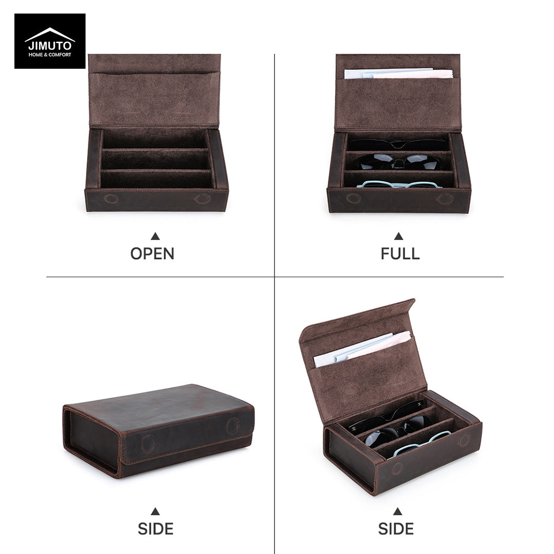 Brown leather sunglasses box with open and full views, showing its interior compartments.
