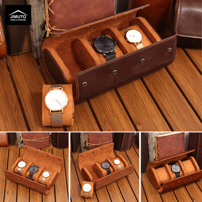 Brown leather watch holder with watches on a wooden surface, featuring the JIMUTO brand.