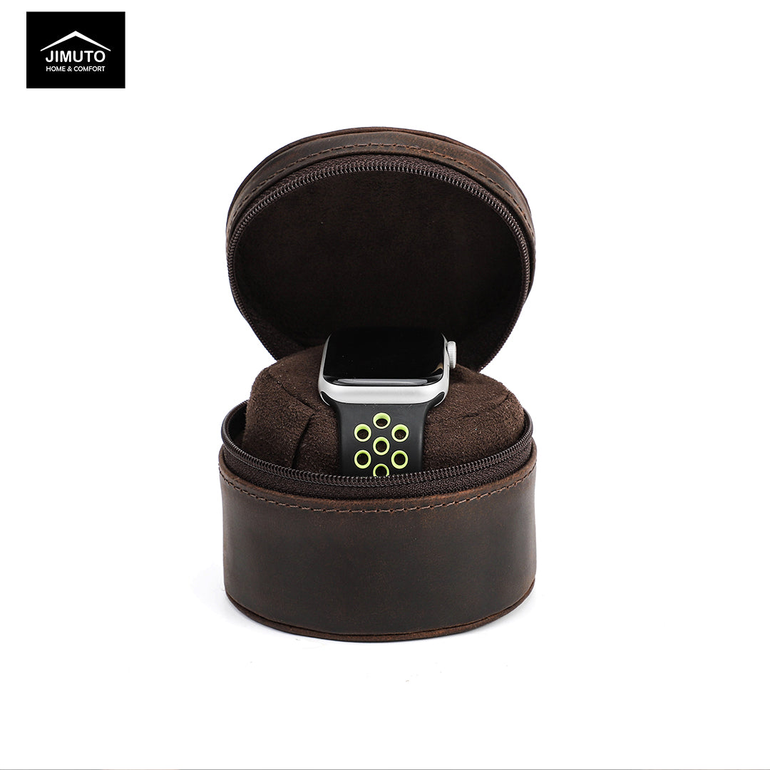 Smartwatch in a brown leather watch case with 'JIMUTO' branding.
