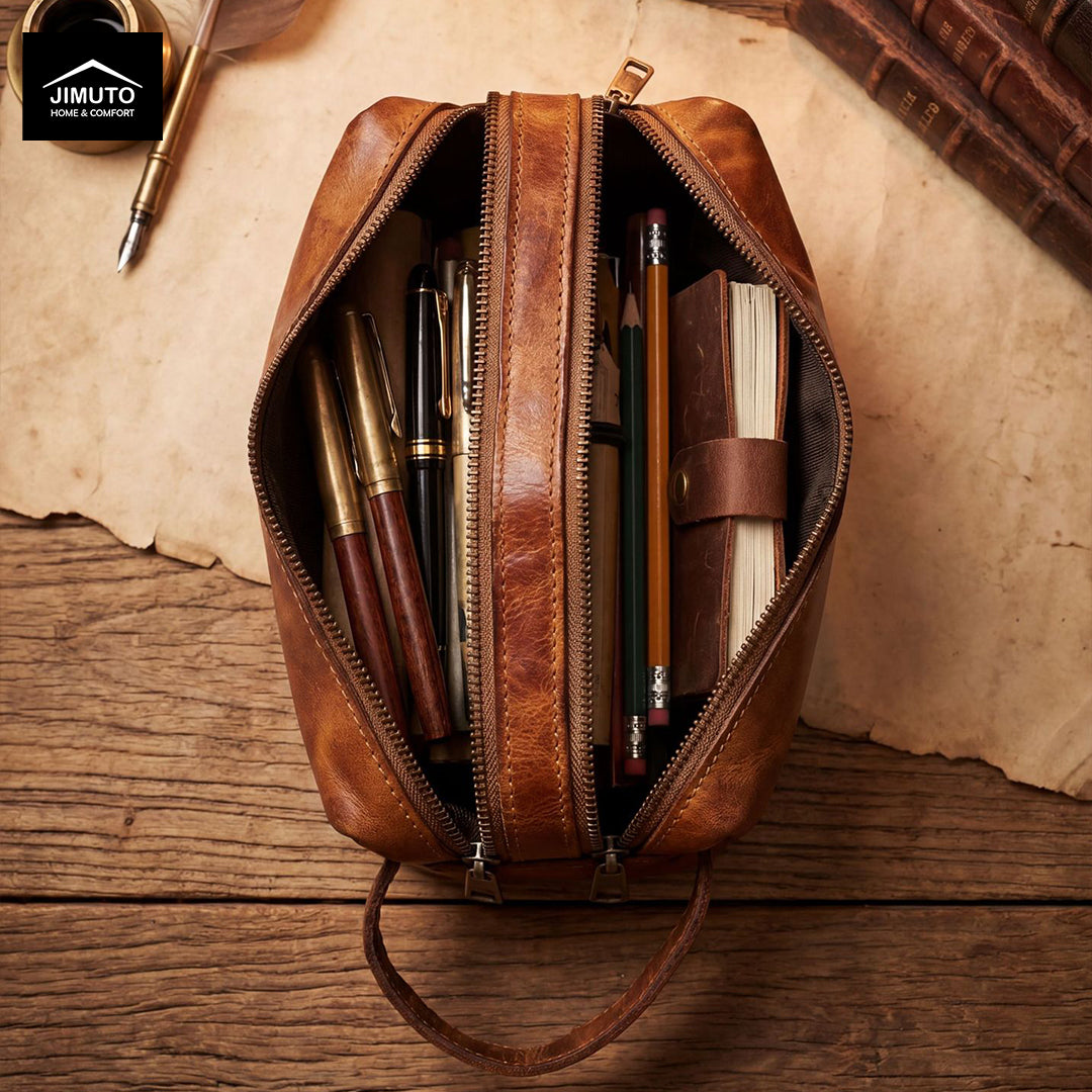Brown leather pouch with stationery items on a wooden surface, featuring the JIMUTO brand.
