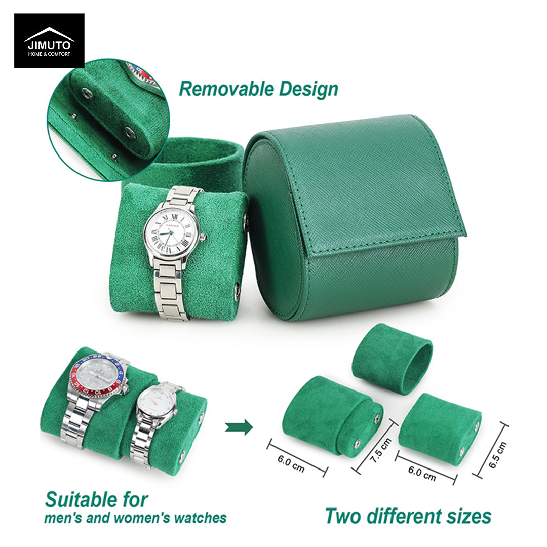 Green saffiano leather watch roll with watches, showing removable design and two different sizes.
