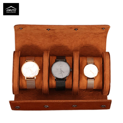 Brown leather watch holder with three watches inside on a white background, featuring the JIMUTO brand.