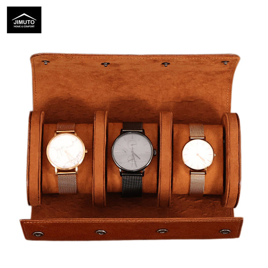 Brown leather watch holder with three watches inside on a white background, featuring the JIMUTO brand.