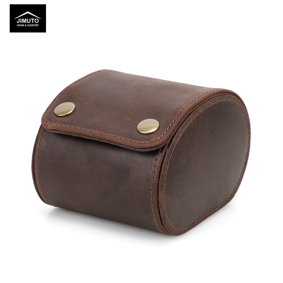 Brown leather watch box with gold studs on a white background, featuring the Jimuto brand.