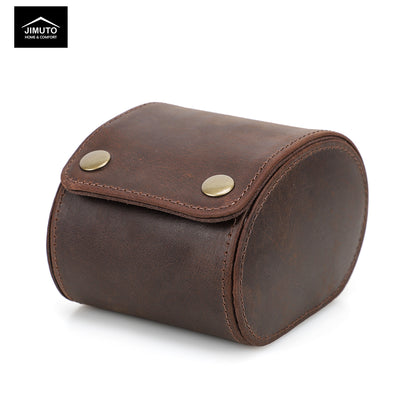 Brown leather watch box with gold studs on a white background, featuring the Jimuto brand.