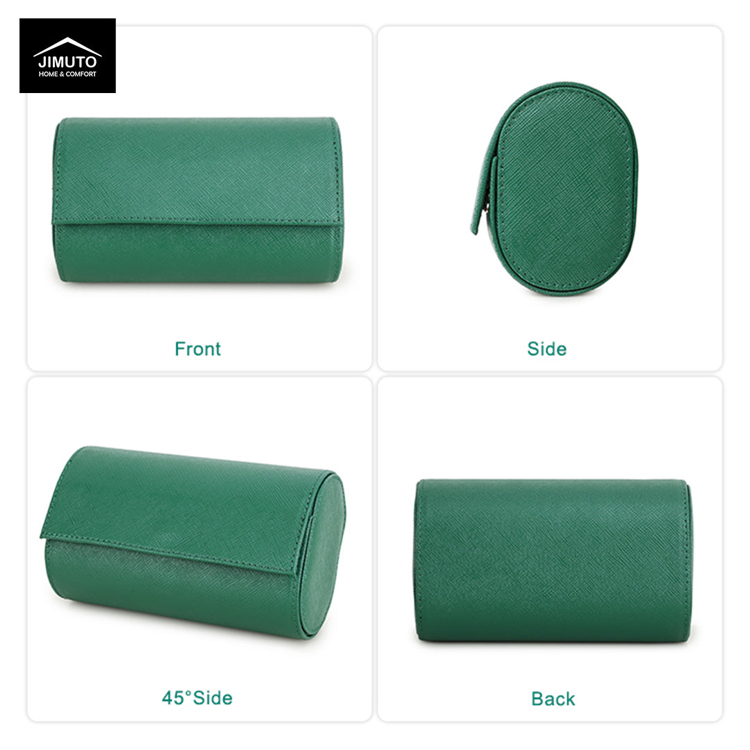 Green travel watch case shown from multiple angles with JIMUTO branding.
