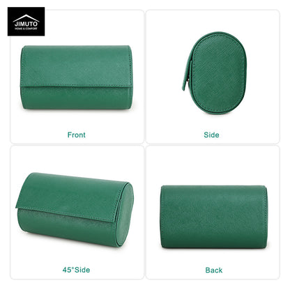 Green travel watch case shown from multiple angles with JIMUTO branding.