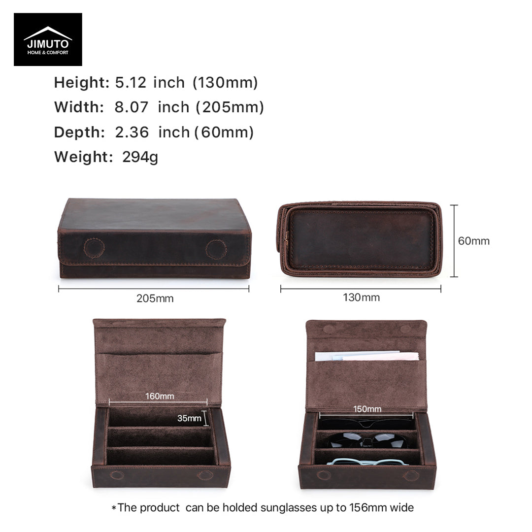 Brown leather sunglasses case with dimensions and product details on a white background